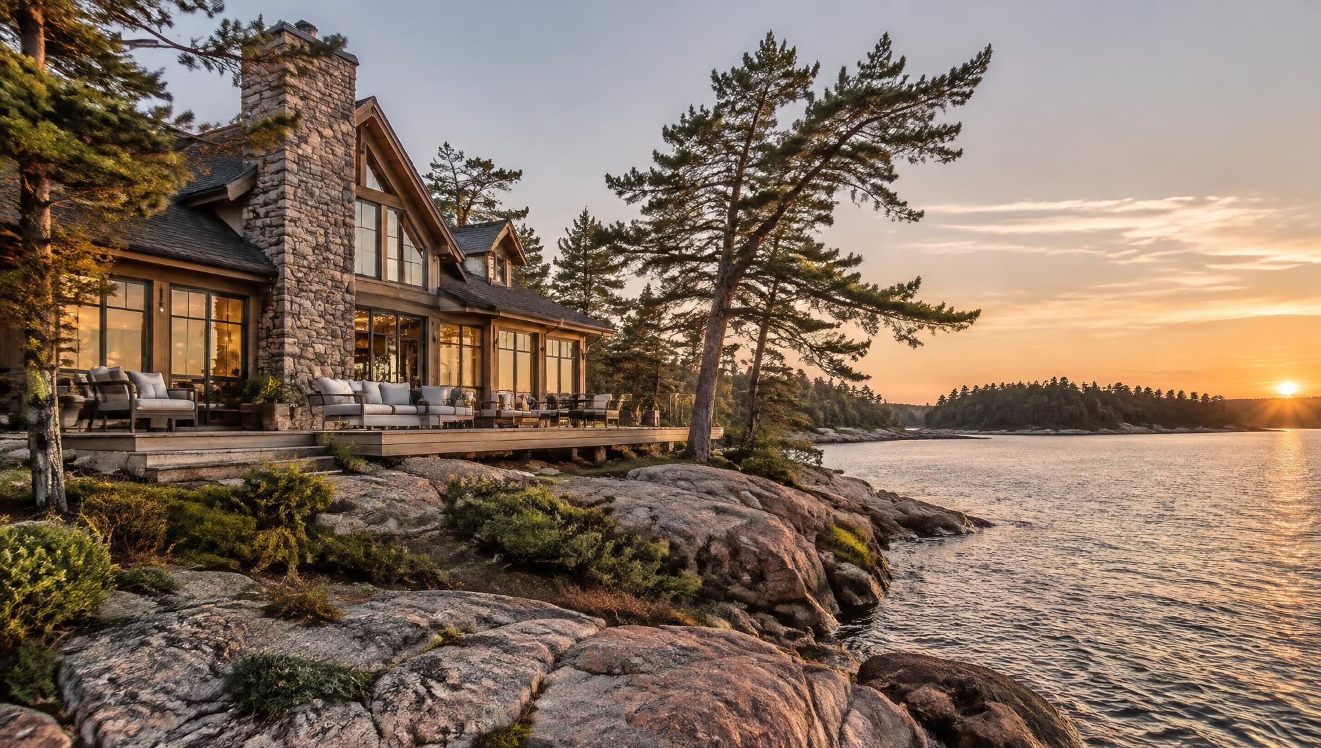 Cedar-sided cottage on pink granite above dark Georgian Bay water, framed by wind-bent white pines